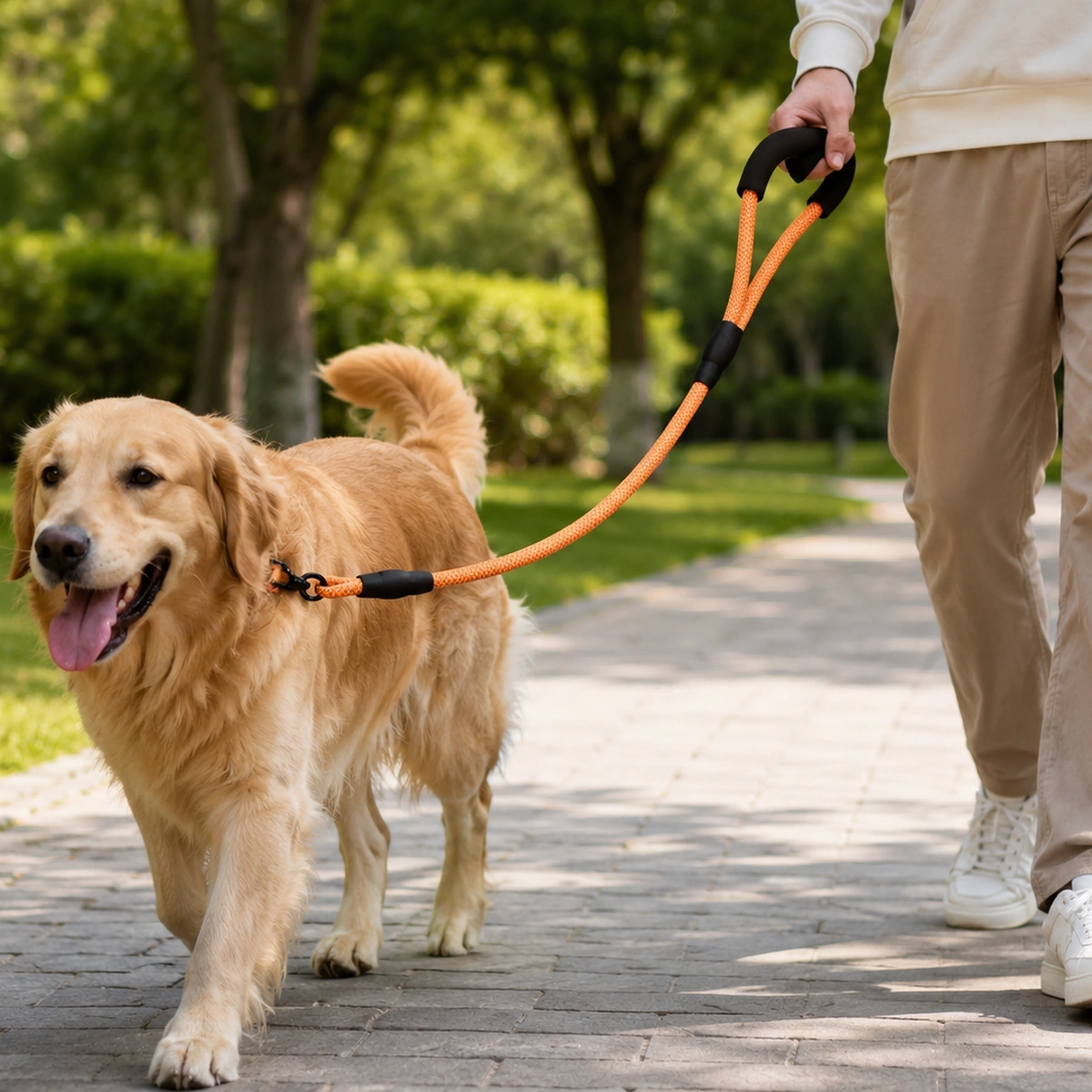 Golden retriever walking in a park with an orange braided rope leash