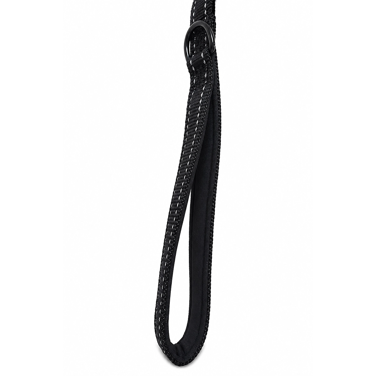 Padded handle with reflective stitching on a black nylon dog leash