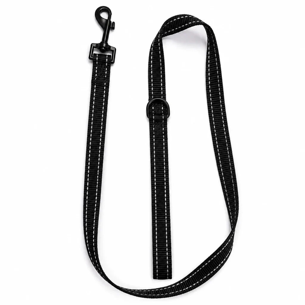 Black reflective nylon dog leash with black snap hook and padded handle