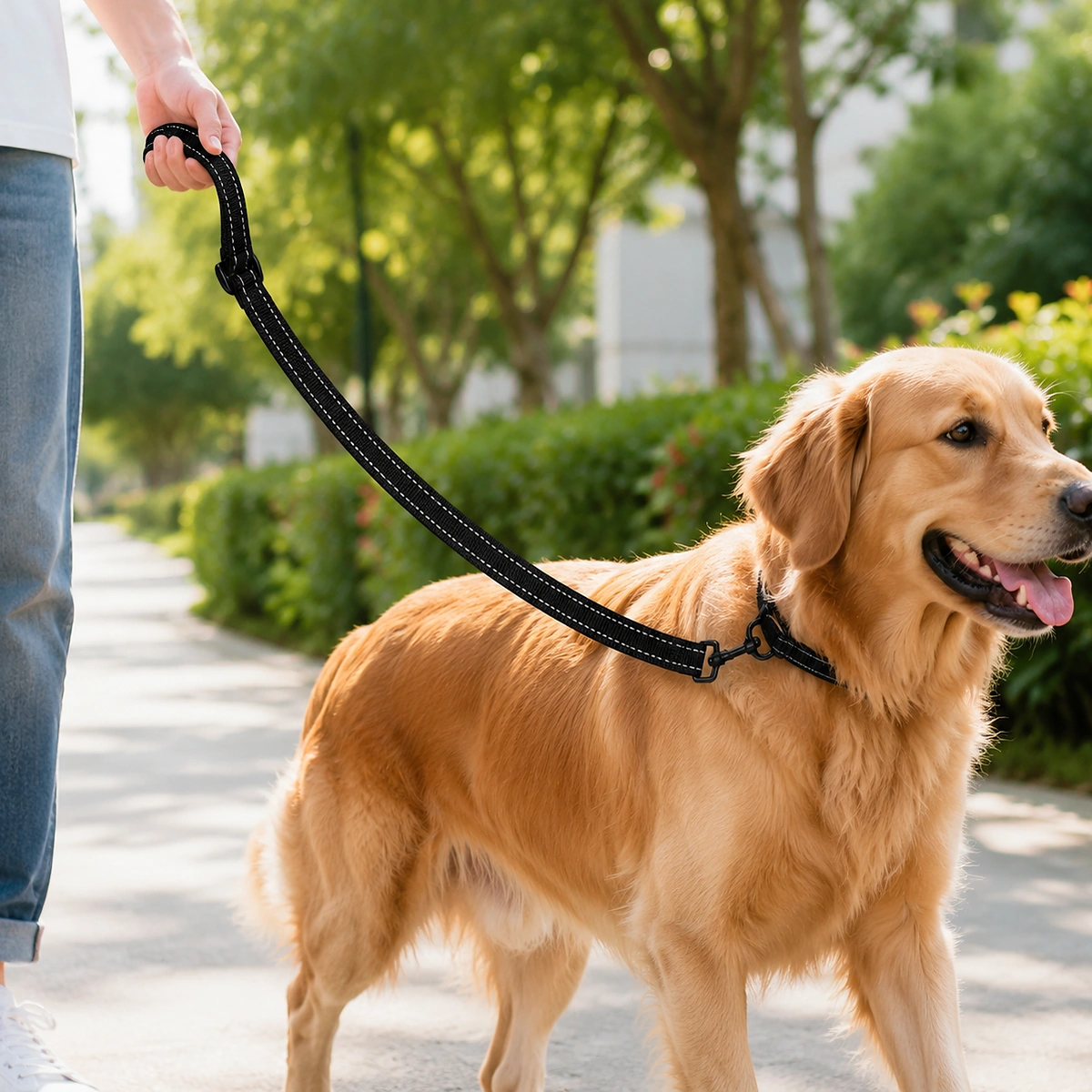 Black reflective nylon dog leash used for walking a golden retriever outdoors