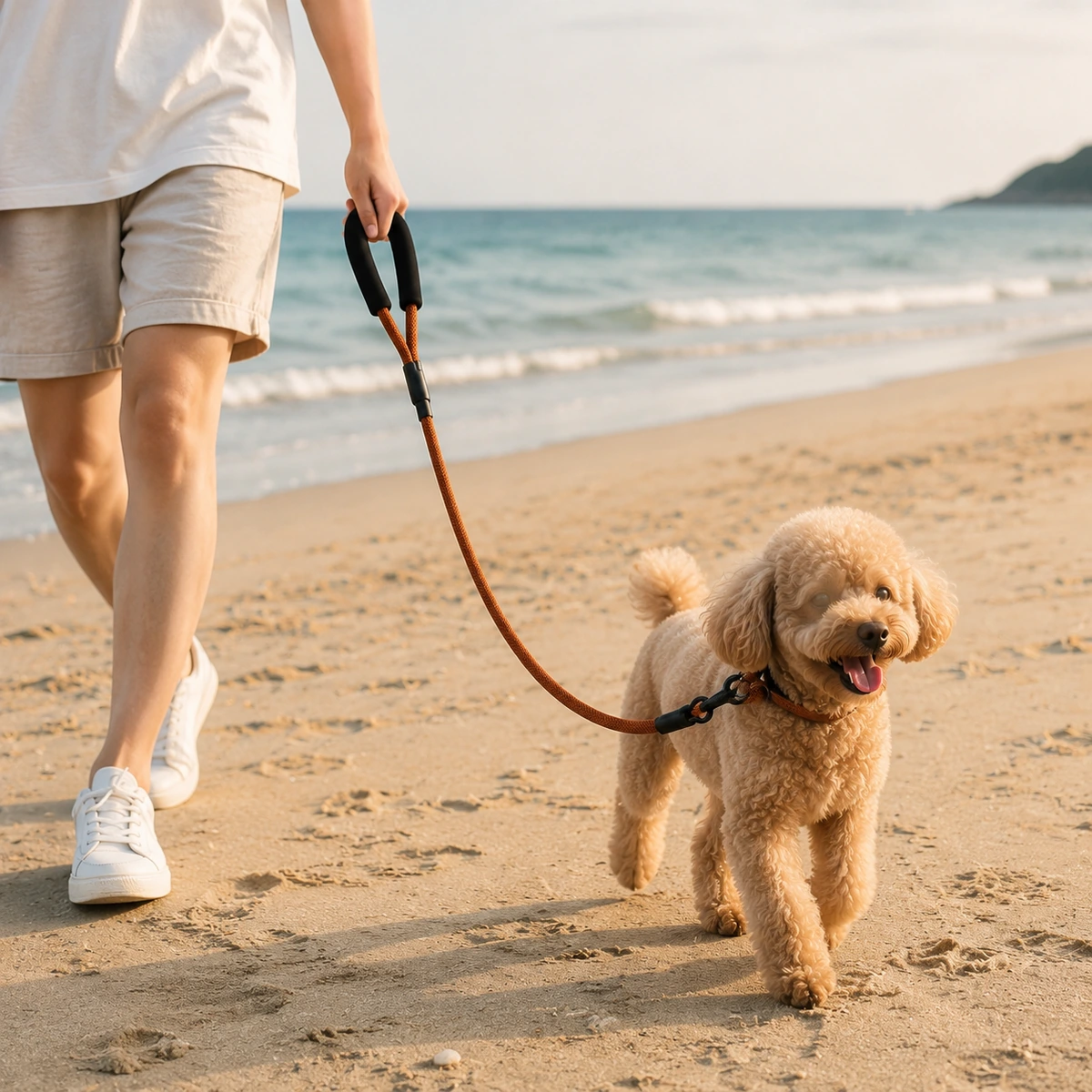 Small dog walking outdoors with adjustable nylon leash