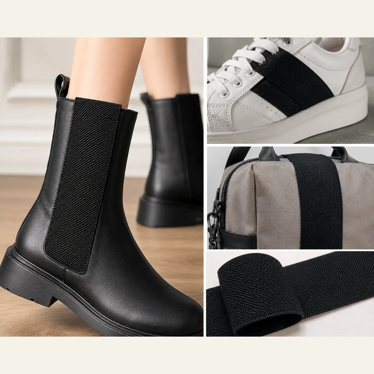 Application scene showing wide black textured elastic band used on boots shoes and bags