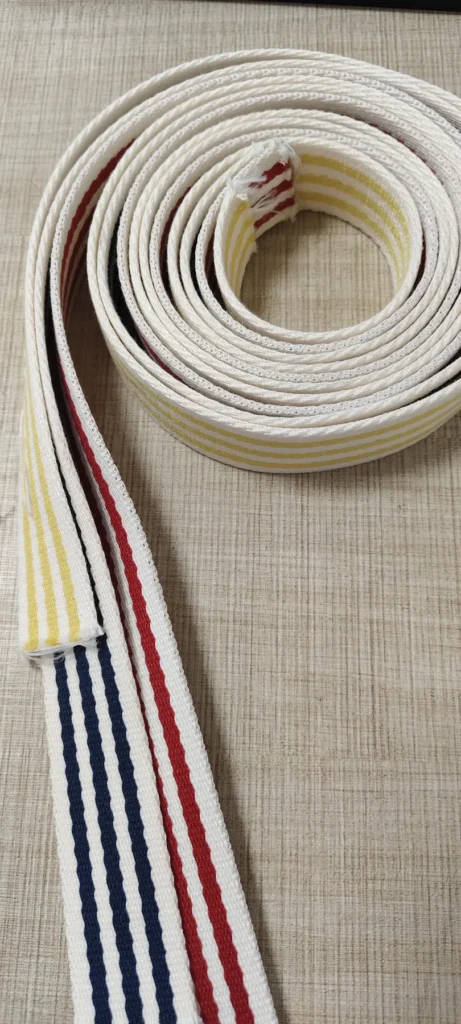 Rolled 30mm heavy-duty striped polyester webbing in custom colors